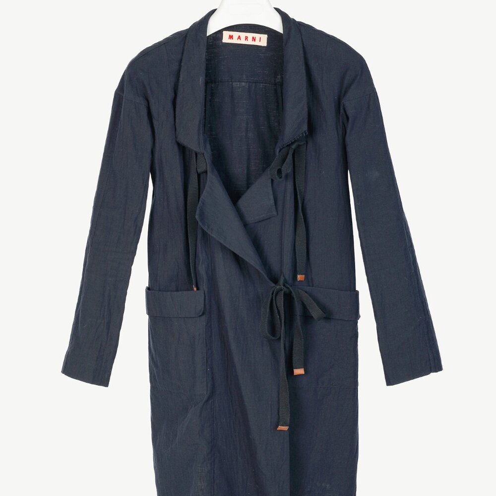 Marni R/10 Navy Cotton-Blend Gauze Tie Duster Coat